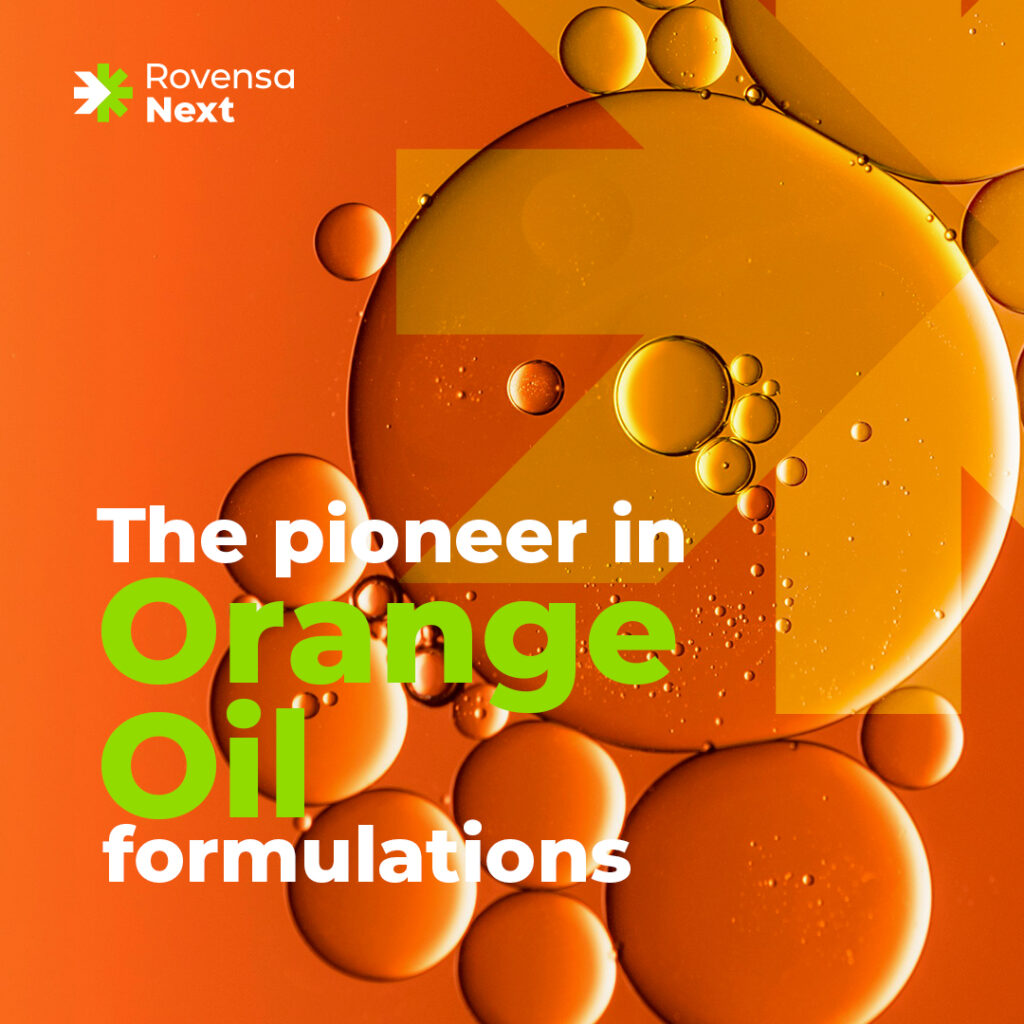 Rovensa Next Orange Oil, derived from citrus <i>sinensis peels</i>, is revolutionizing agriculture sustainably. Certified for organic farming and exempt from Maximum Residue Limits (MRL), this versatile solution offers swift, comprehensive protection with just one application. Join us in transforming agriculture sustainably with Rovensa Next Orange Oil.