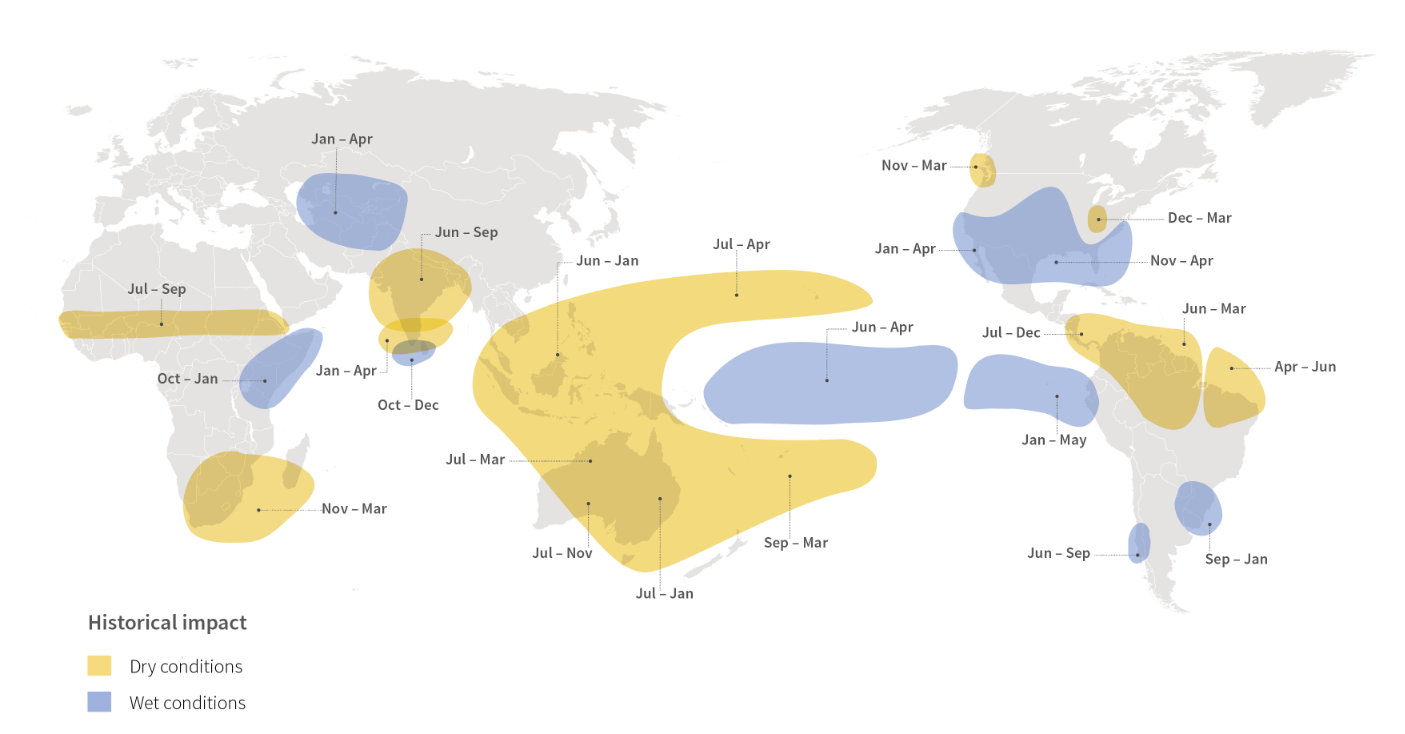 1 Historical El Niño trends (Figure 1). Highlighted regions likely to experience water scarcity or excessive rainfall during El Niño events, reinforcing the importance of providing locally adapted solutions.